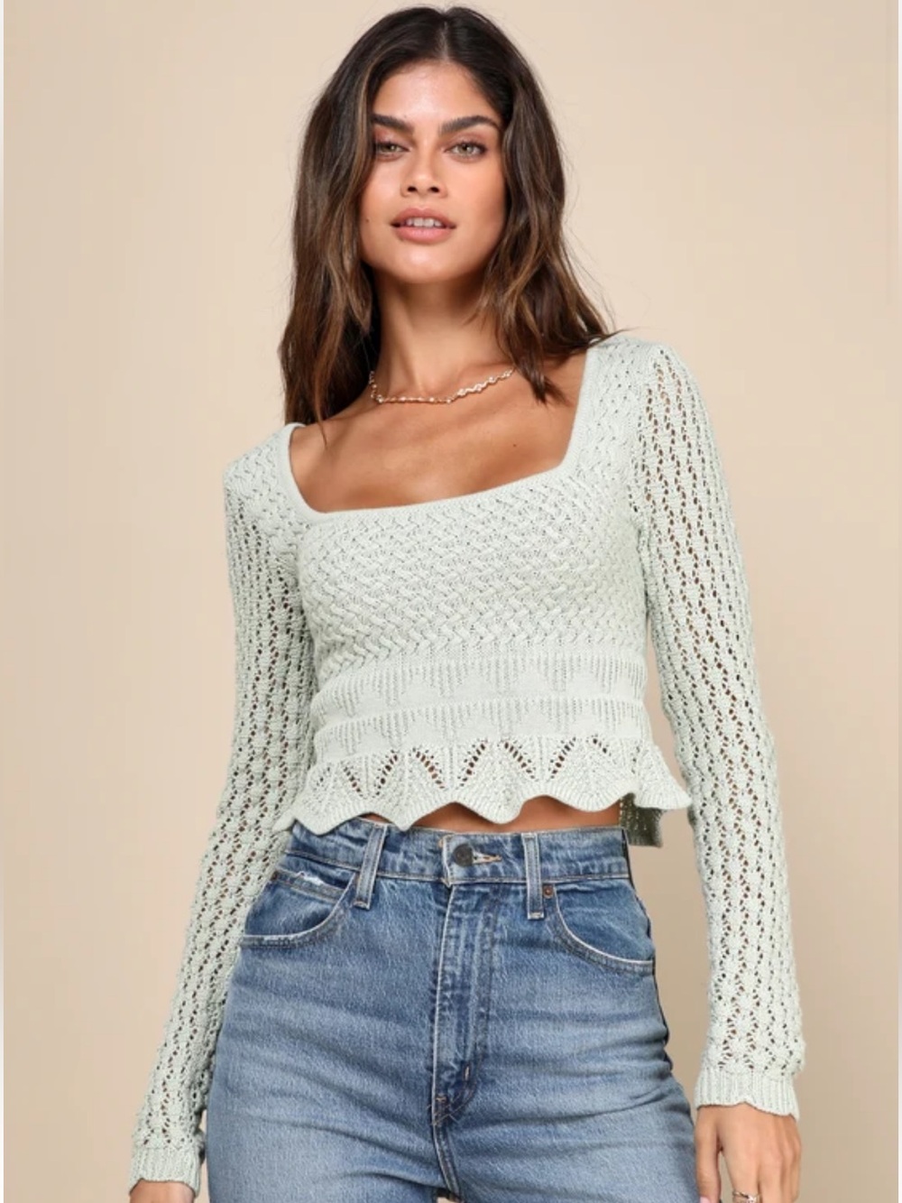 Lulu's Cutie Sage Green Crochet Long Sleeve Sweater Top, Small - NWT